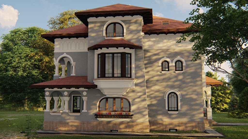 Proiect de casă în stil neoromânesc cu etaj şi mansardă